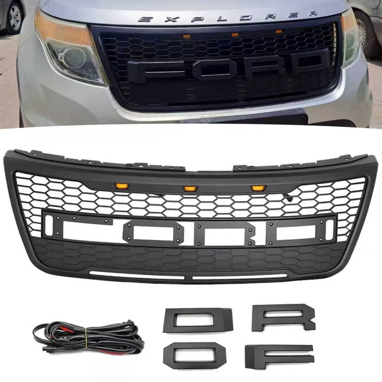 Front Upper Grille For 2011-2015 Ford Explorer W/Letter LEDs Matte Black ABS