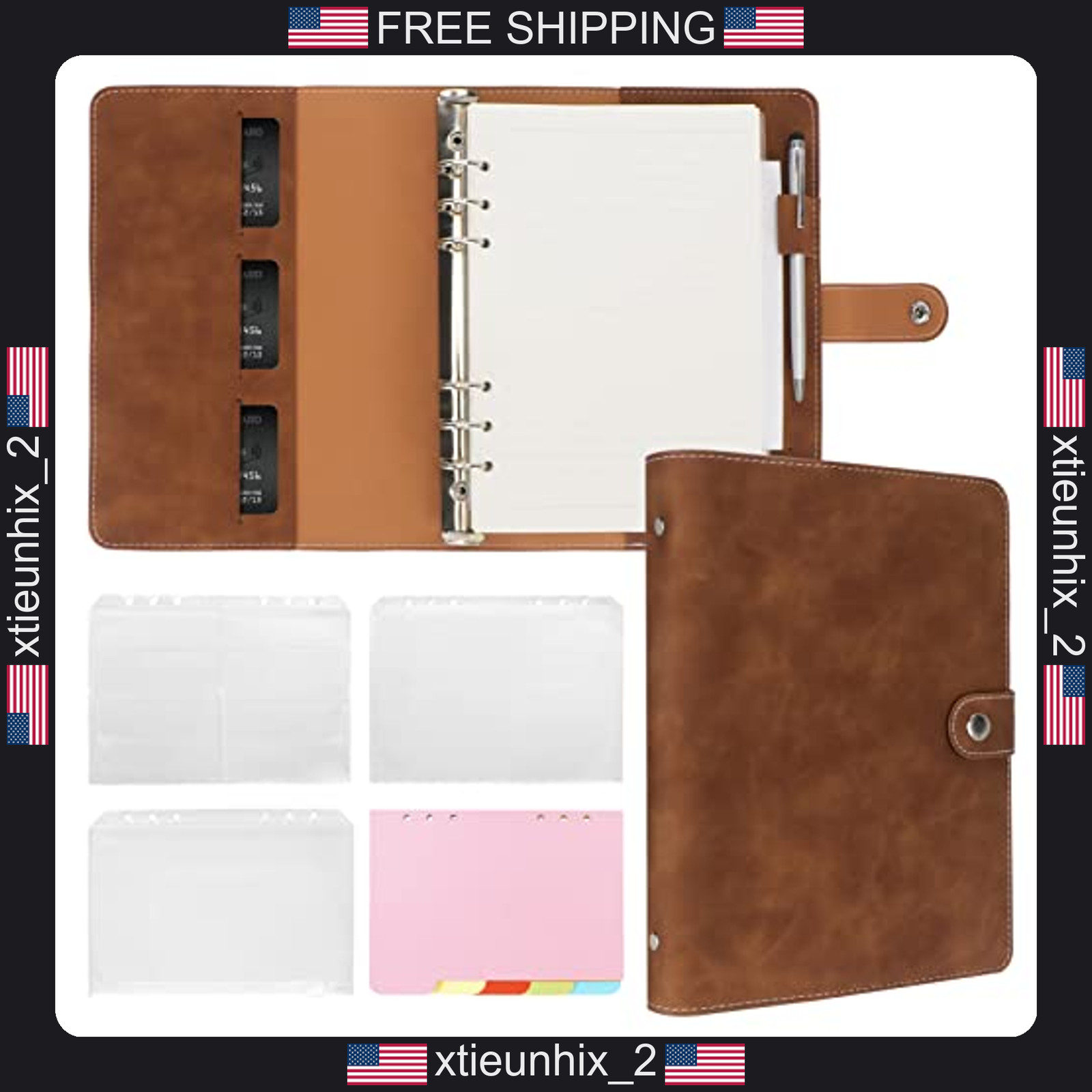 A5 Leather Binder Refillable Planner with 6 Rings, Brown