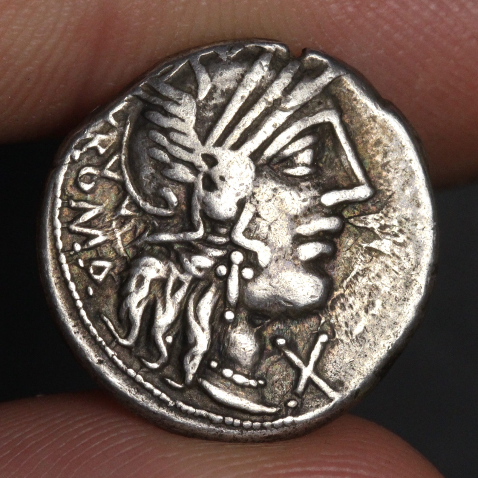 Roma Head Denarius 123BC Ancient Roman Republic Silver Coin Fannius Toning Rome