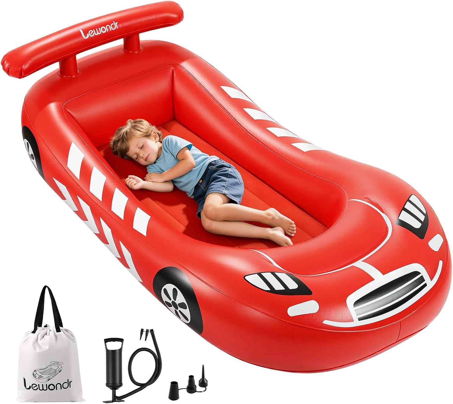 Inflatable Kids Bed, Racecar Toddler Air Mattress with Bumpers Red
