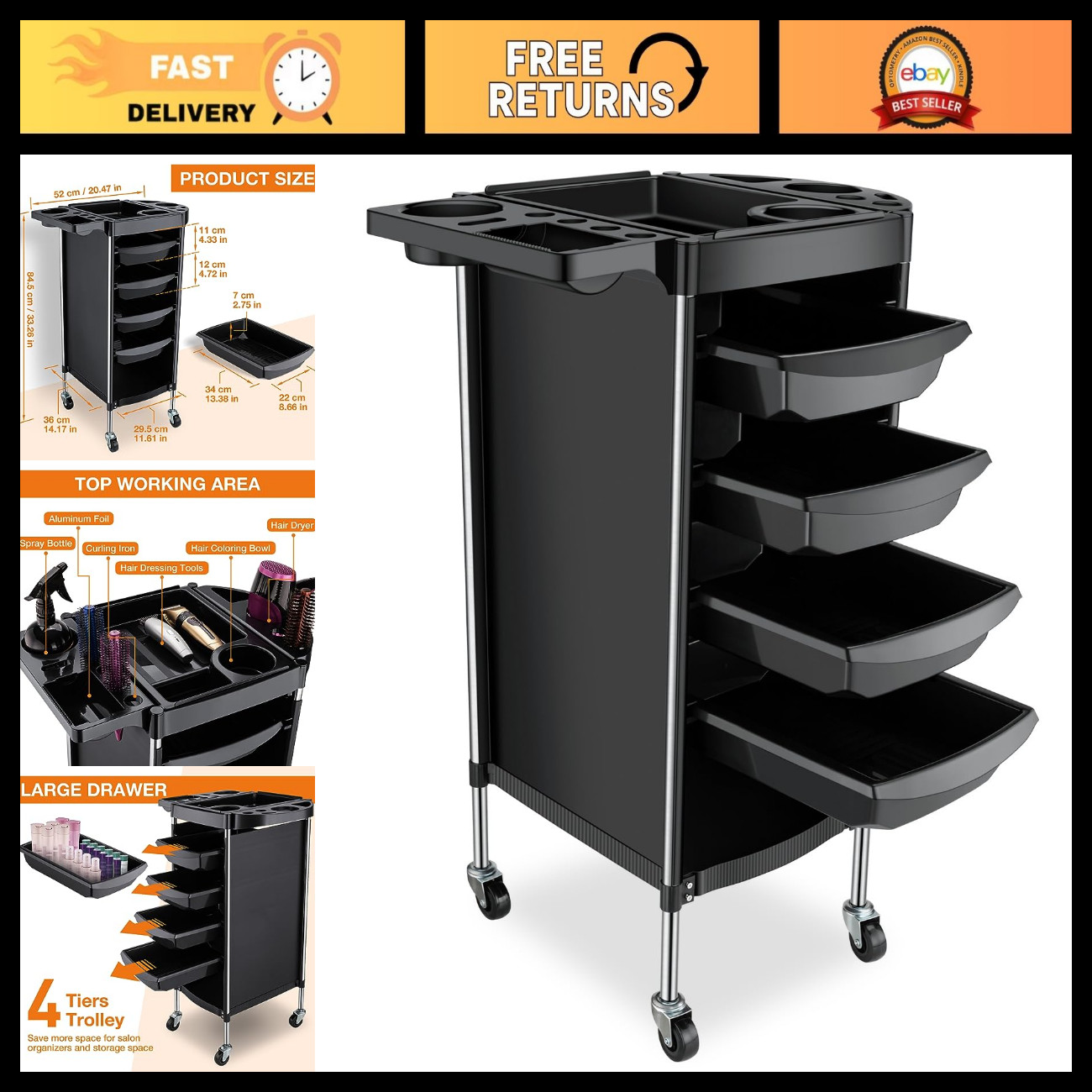 6-Layer Rolling Salon Storage Cart with Wheels - Hair Tool Organizer for Salons