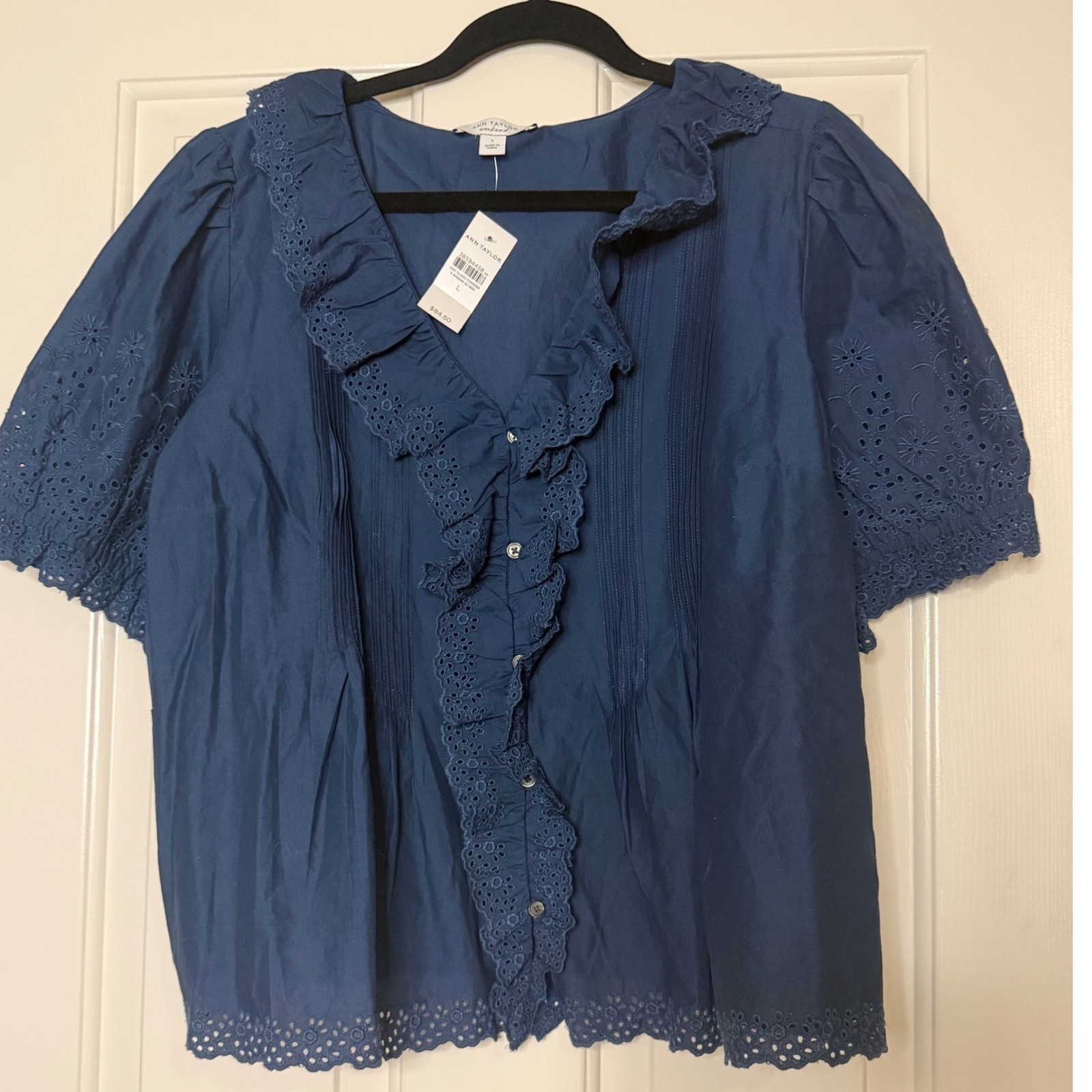 Ann Taylor Weekend Blue Eyelet Ruffle Button Front Blouse Top Large NWT Ann Taylor Weekend Blue Eyelet Ruffle Button Front Blouse Top Large NWT