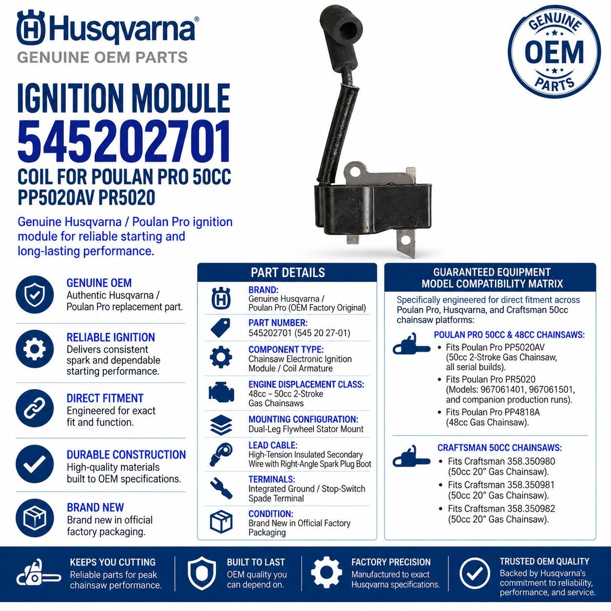 Husqvarna 545202701 Ignition Module Coil for Poulan Pro 50cc PP5020AV PR5020