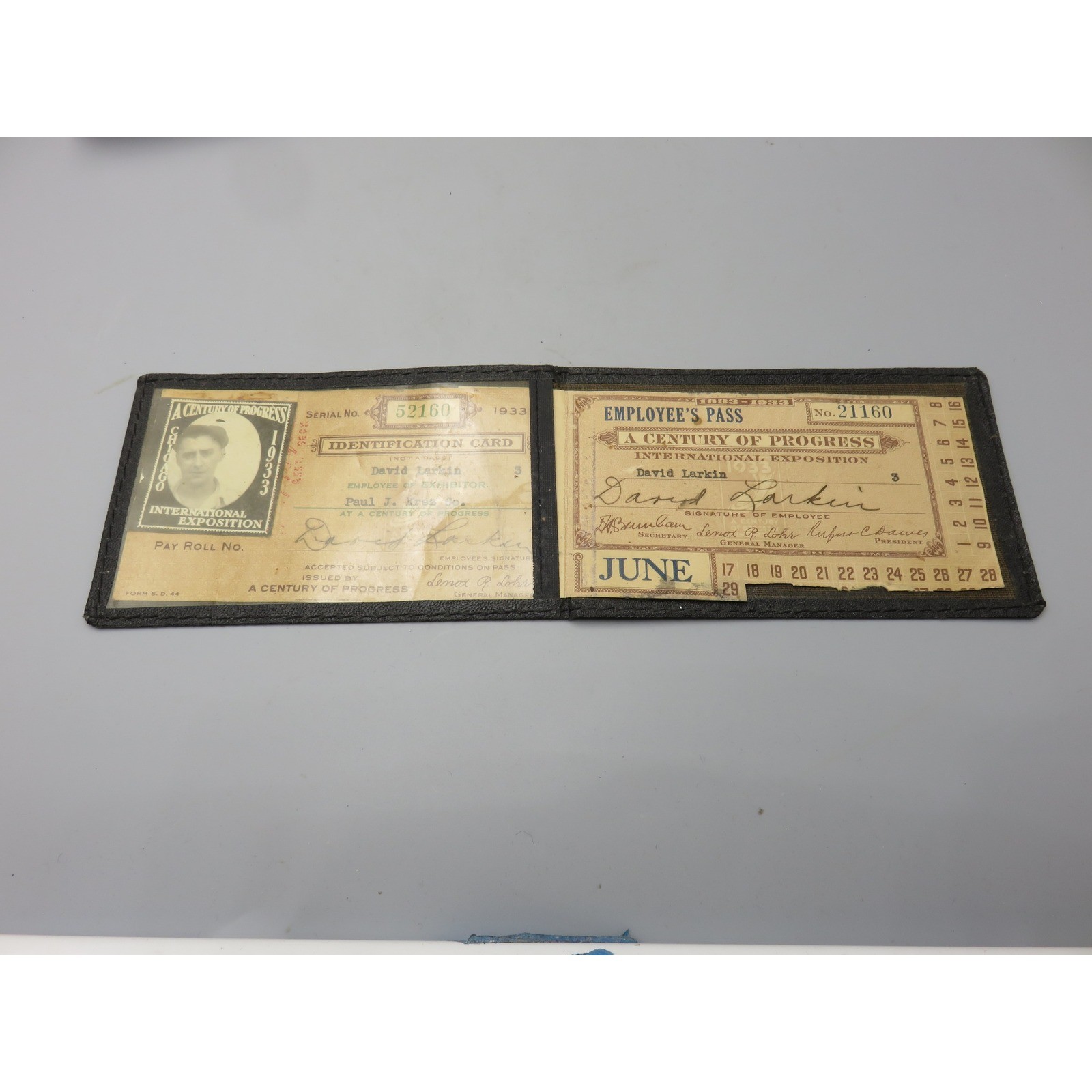 1933 Chicago World\'s Fair Century Progress Employee ID Pass Paul Krez Co Larkin