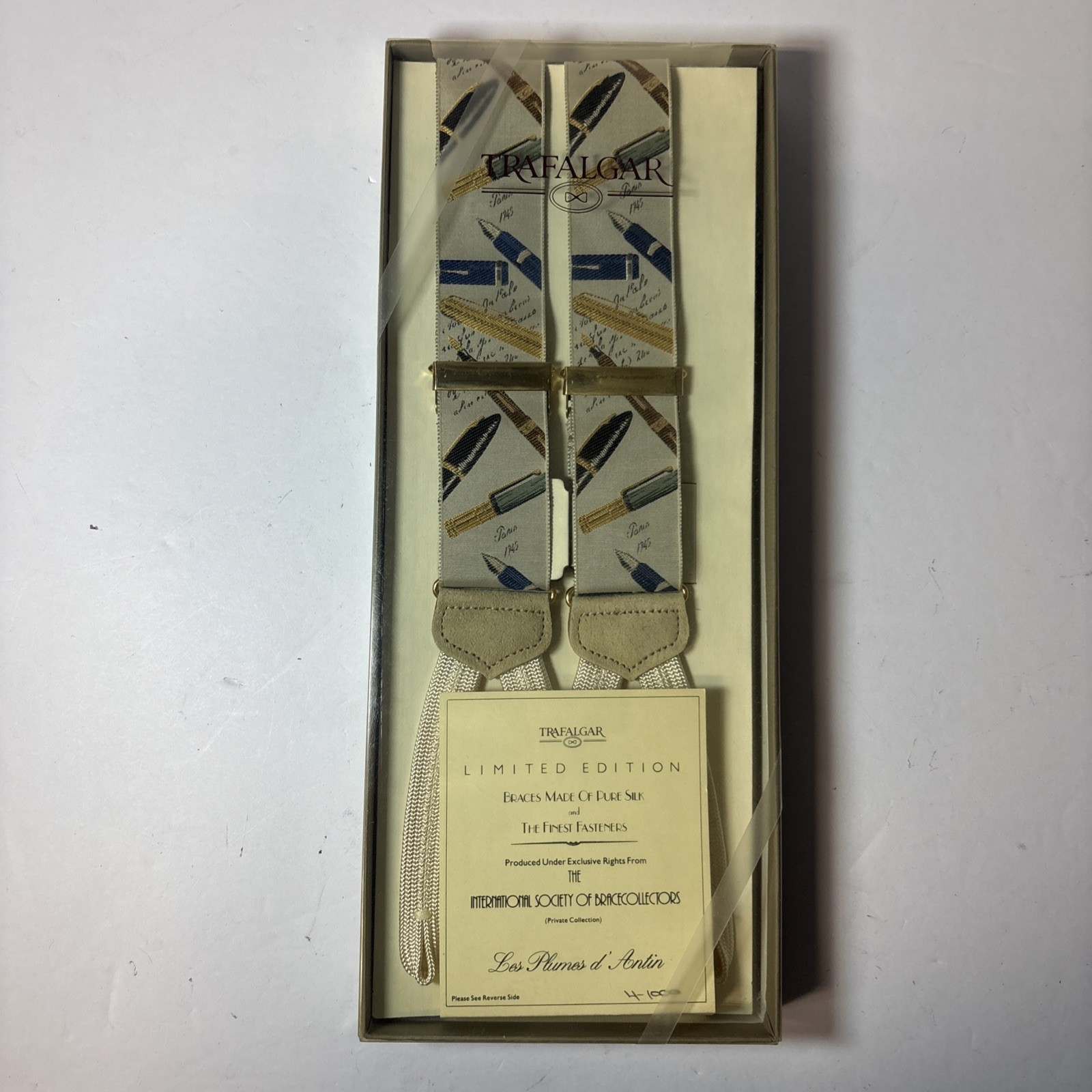 TRAFALGAR Limited Gray Plumes d’Antin Pens Mens Silk Suspenders RARE 4/1000 TRAFALGAR Limited Gray Plumes d’Antin Pens Mens Silk Suspenders RARE 4/1000