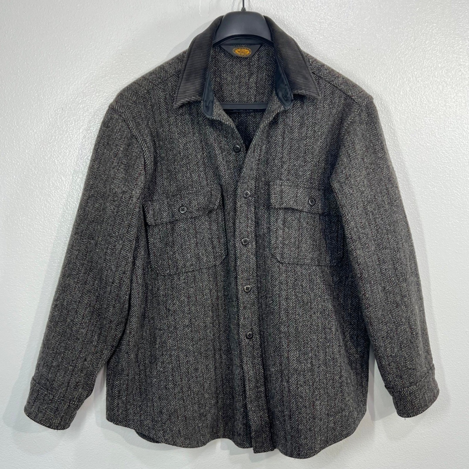 Vintage 70s Woolrich Gray Herringbone Wool Shirt Jacket Men\'s L Corduroy Collar