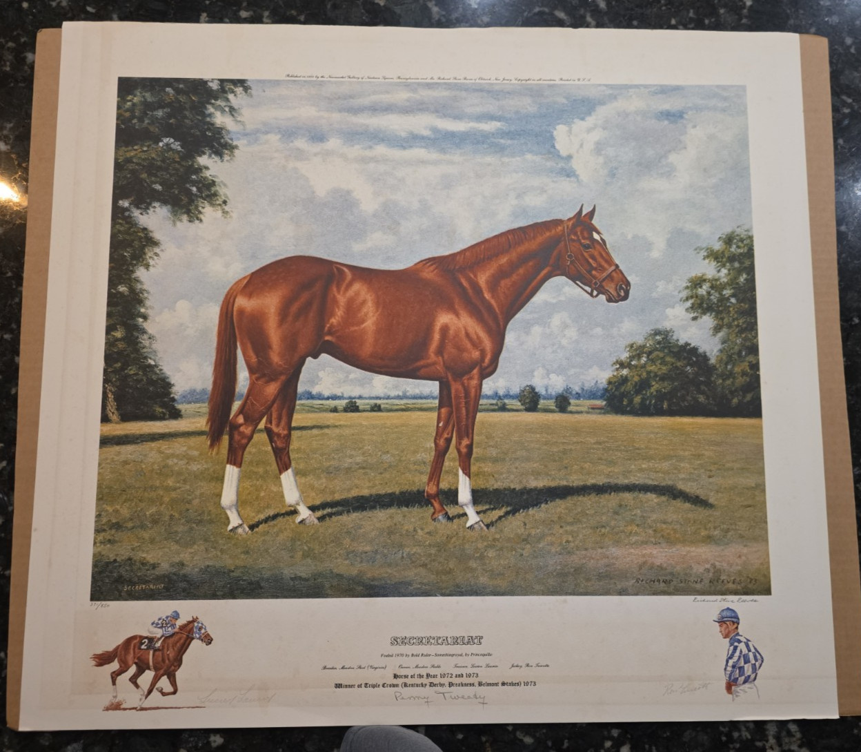 1973 Richard Stone Reeves Secretariat Print, Signed Turcotte, Laurin, Tweedy
