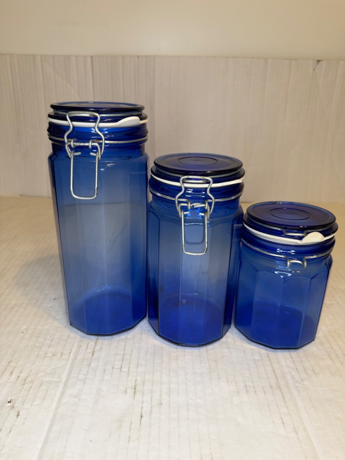 Vintage Cobalt Blue Glass Storage Canisters Set of 3 Wire Bail Lids