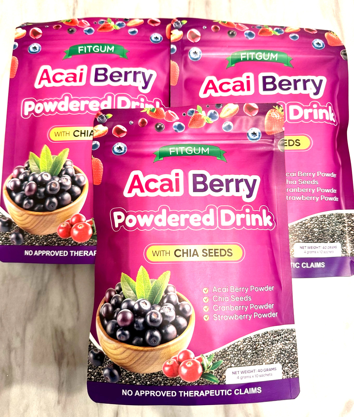 3 Packs FITGUM Acai Berry Drink Powder w/ Chia & Collagen – 30 Sachets