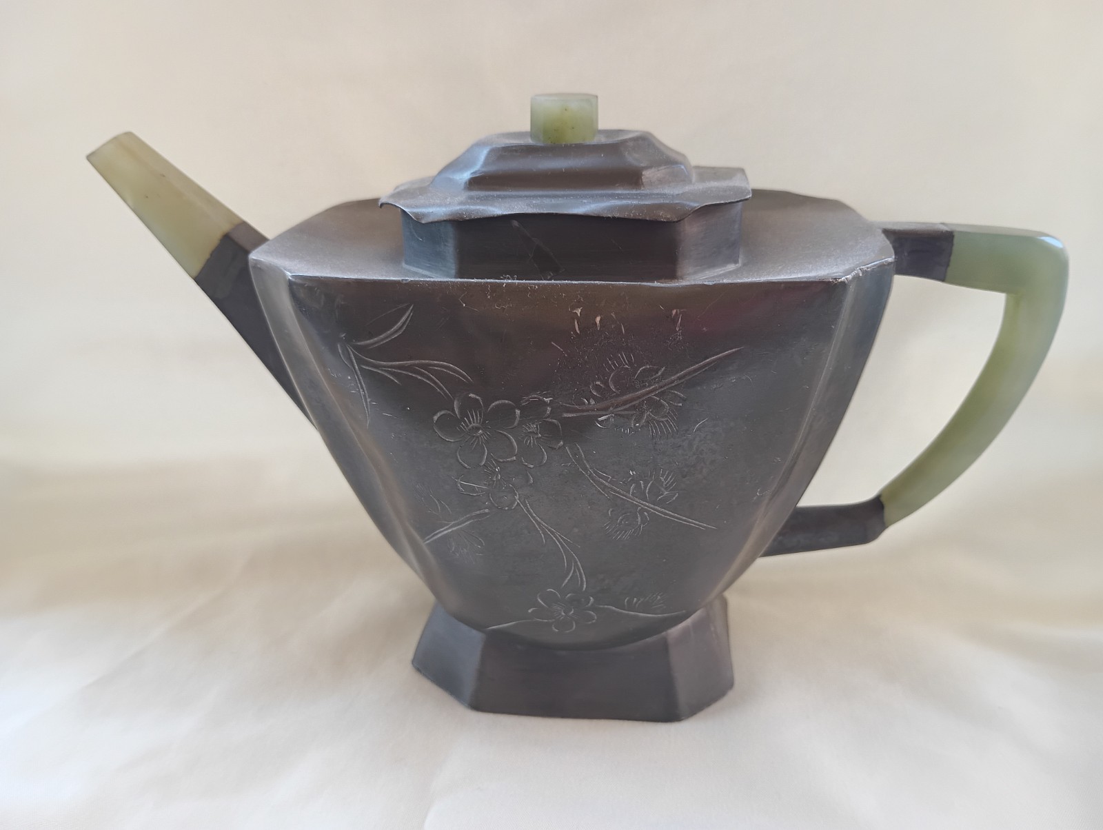 Rare Fabulous Antique Chinese Pewter  Teapot with Jade Las Vegas Estate Find Old