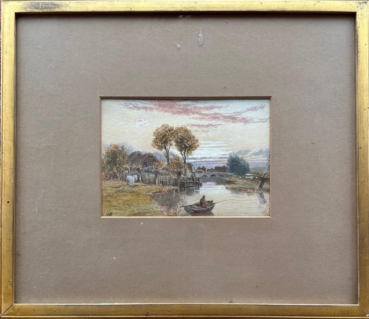19th Century Watercolour Landscape River Scene Rural Village Signed JMP Framed