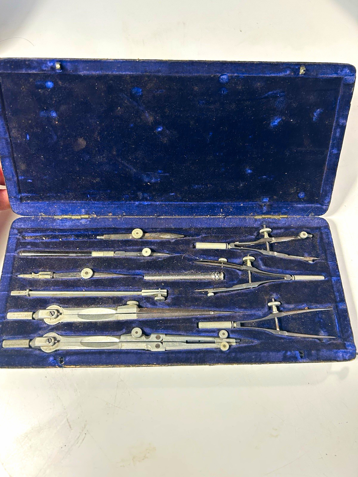Antique Vintage Drafting Geometry Instrument Set Velvet Case Incomplete 10pc