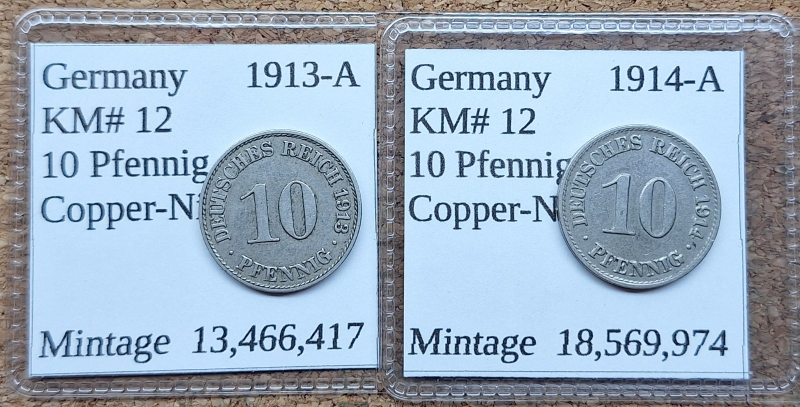 2 Nice Old Germany 10 Pfennig Coins 1913-A & 1914-A Vintage World Foreign 