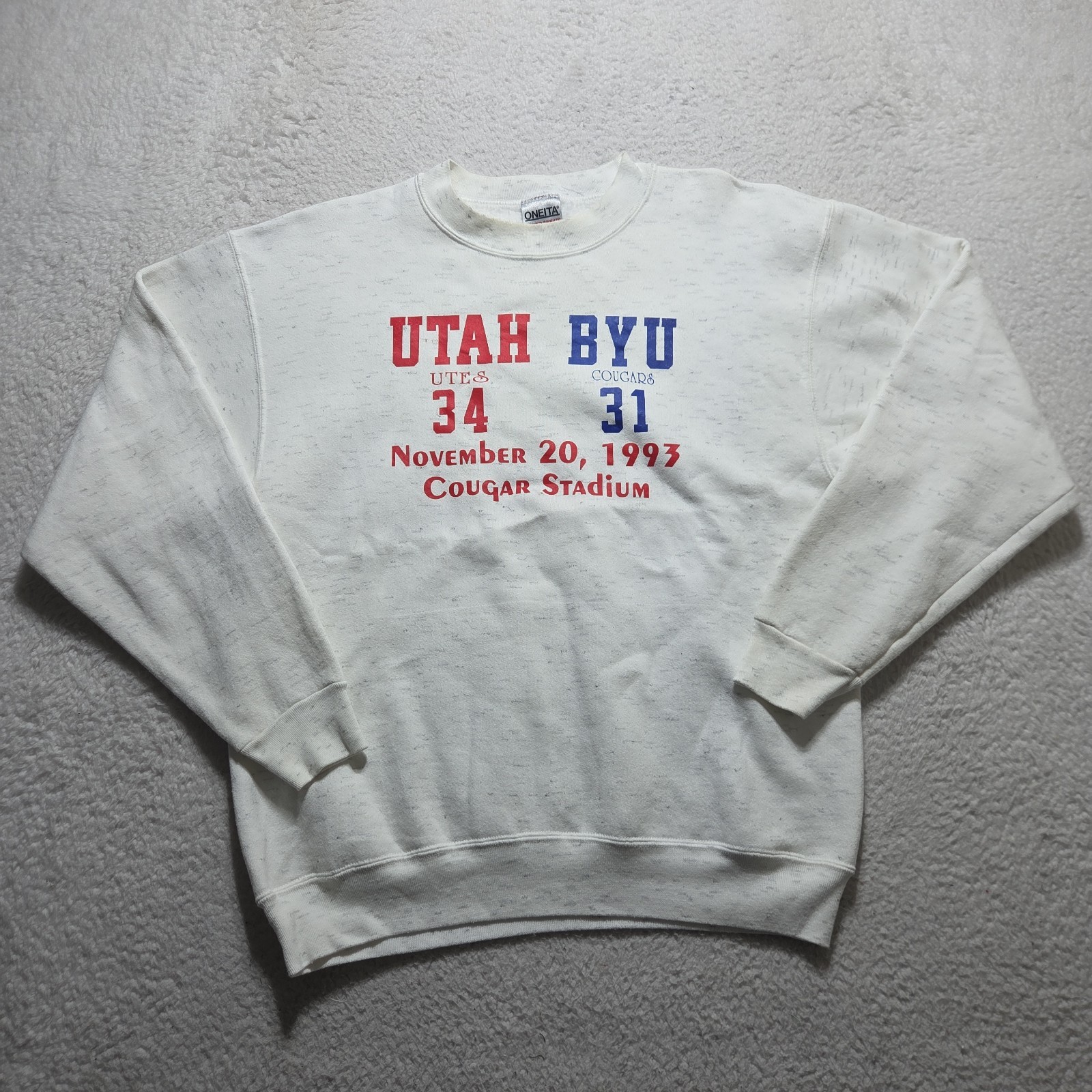 VTG 1993 Utah Vs BYU Sweater Pullover Size Large Cougar Stadium Oneita Tag