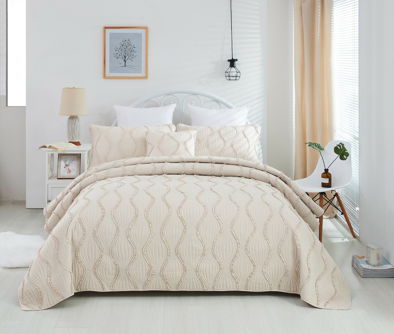 DaDa Bedding Boho Chic French Country Tufted Ruffles Ivory Cream Bedspread Set