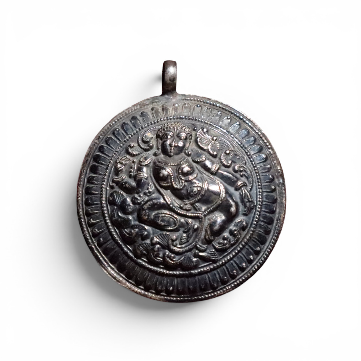 19th C South Indian Silver Repoussé Surasundari Ornament Pendant Tamil Nadu