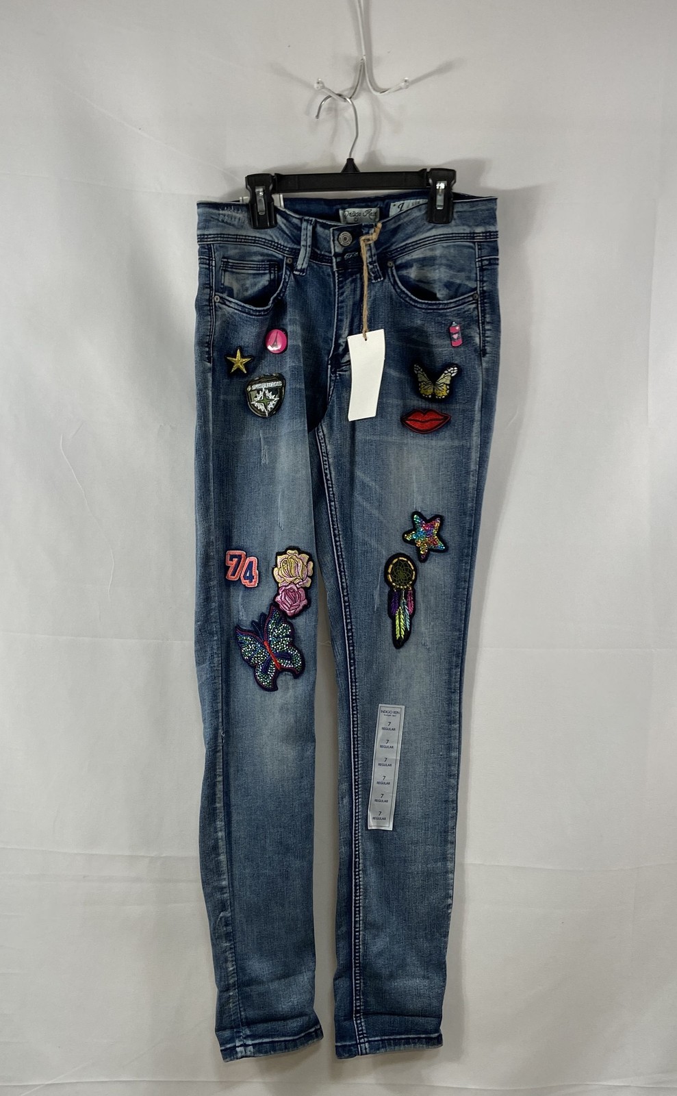 Indigo Rein Women\'s Blue Midrise Ankle Jeans Embroidered Butterfly Patches NWT 7
