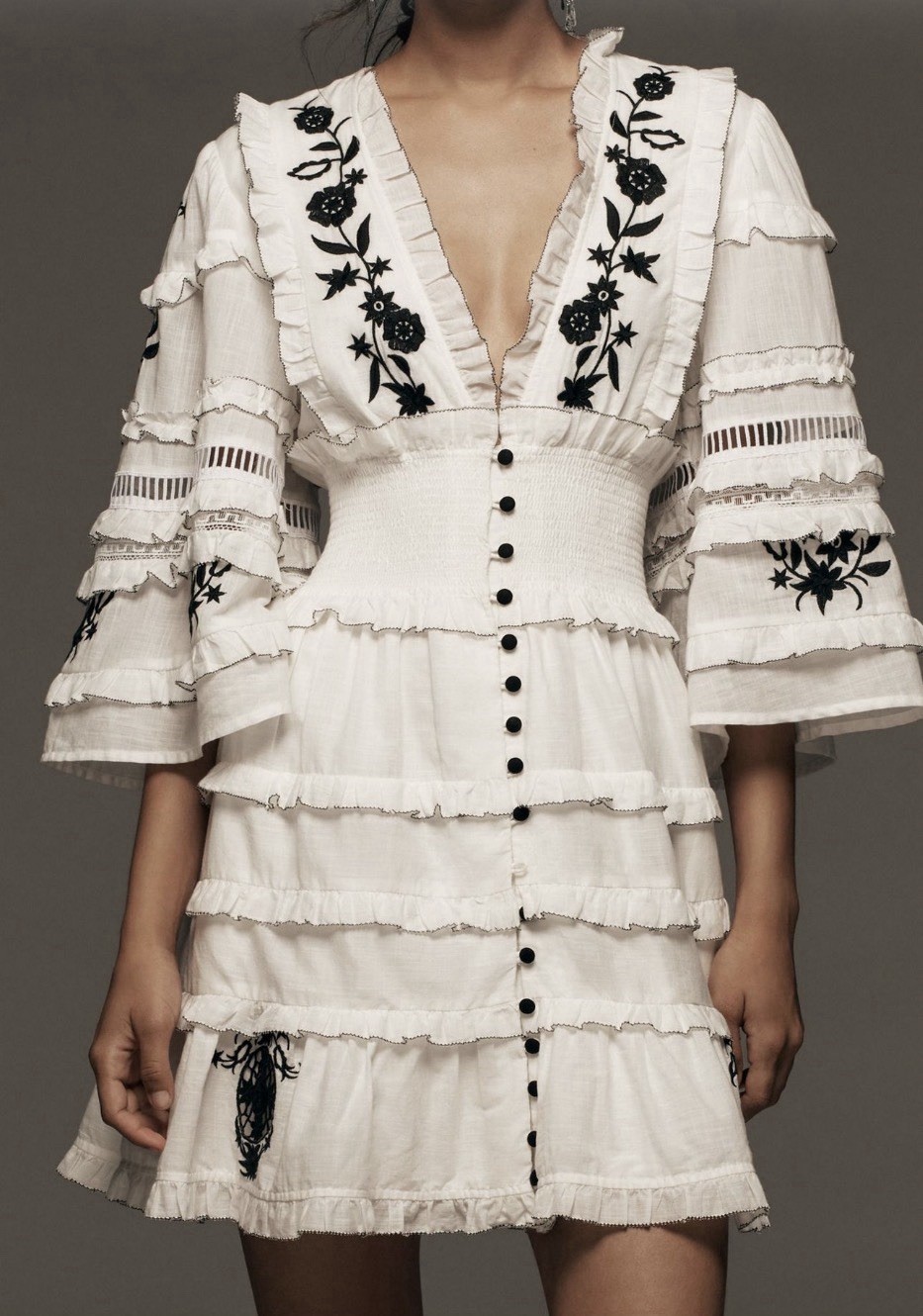 Anthropologie Sz Large White Embroidered V-Neck Ruffled Tiered Mini Dress Cotton Anthropologie Sz Large White Embroidered V-Neck Ruffled Tiered Mini Dress Cotton
