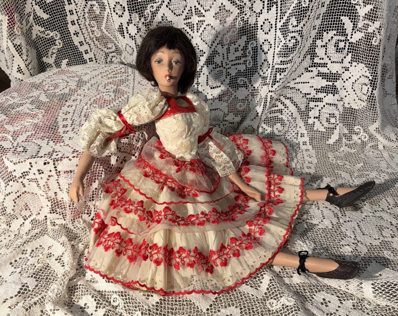 Antique Large Cubeb Boudoir Doll 27” Beautiful Dress Compo Jointed Body