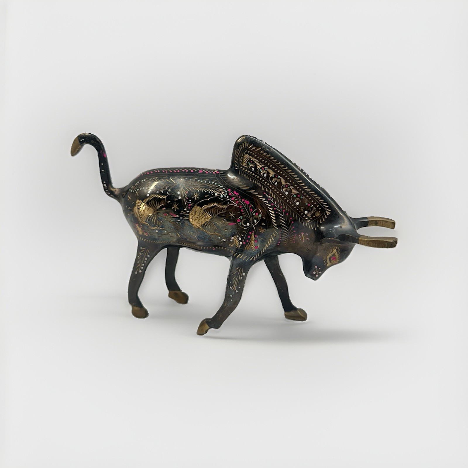 Vintage Indian Brass Bull Sculpture Hand Engraved Painted Folk Art Decor