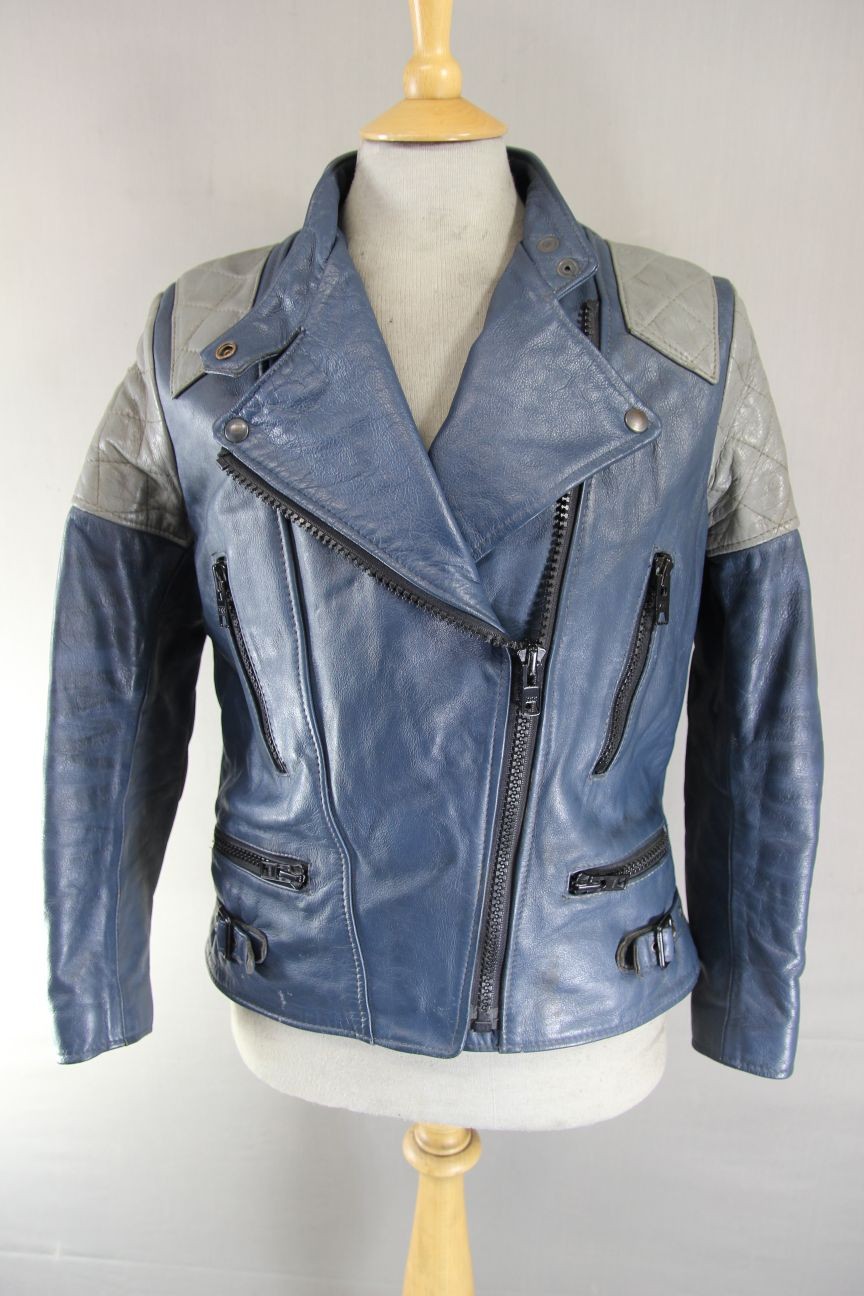 VINTAGE 1970\'s LADIES WOLF LEATHERS BLUE & GREY PUNK ROCK BIKER JACKET: 38-40 IN