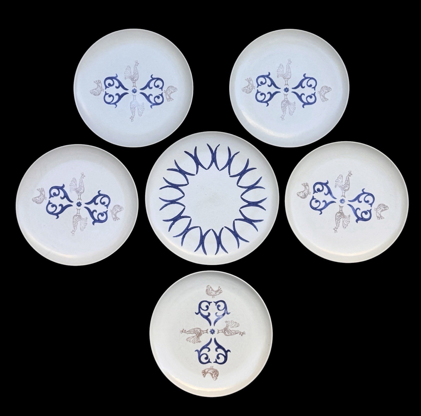 6pcs Vintage Eva Zeisel Pottery Stoneware Rooster 5 Dinner Plates + Chop Plate