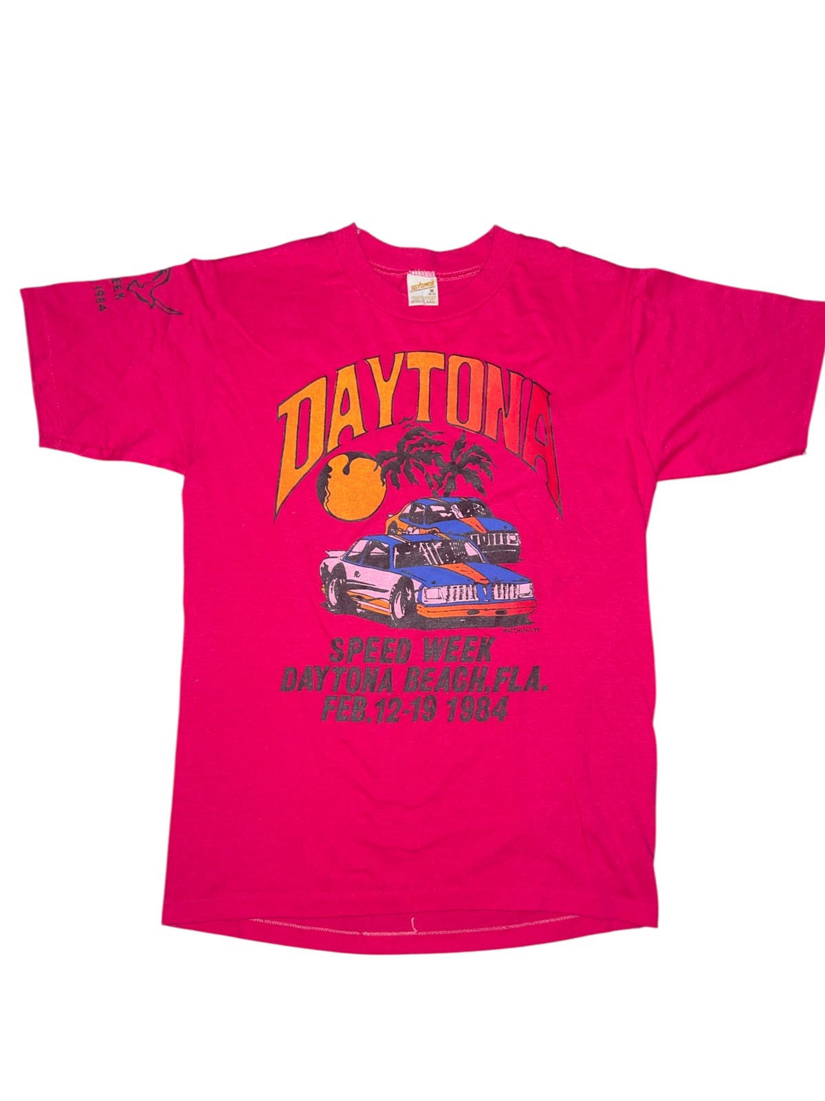 VTG 1984 Daytona Speed Week T-Shirt M FUSCHIA Cars Palms USA Single Stitch VTG 1984 Daytona Speed Week T-Shirt M FUSCHIA Cars Palms USA Single Stitch