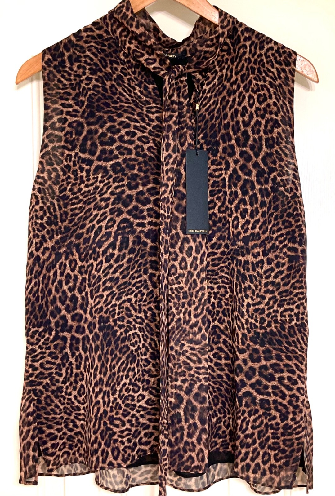 NWT Kobi Halperin Silk Tie Blouse Leopard Animal Print Small Sleeveless $298