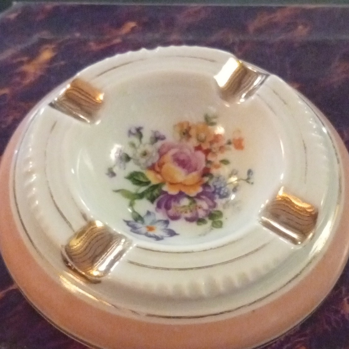 Limoges France Unique Porcelain Ashtray, Gold Floral Decor