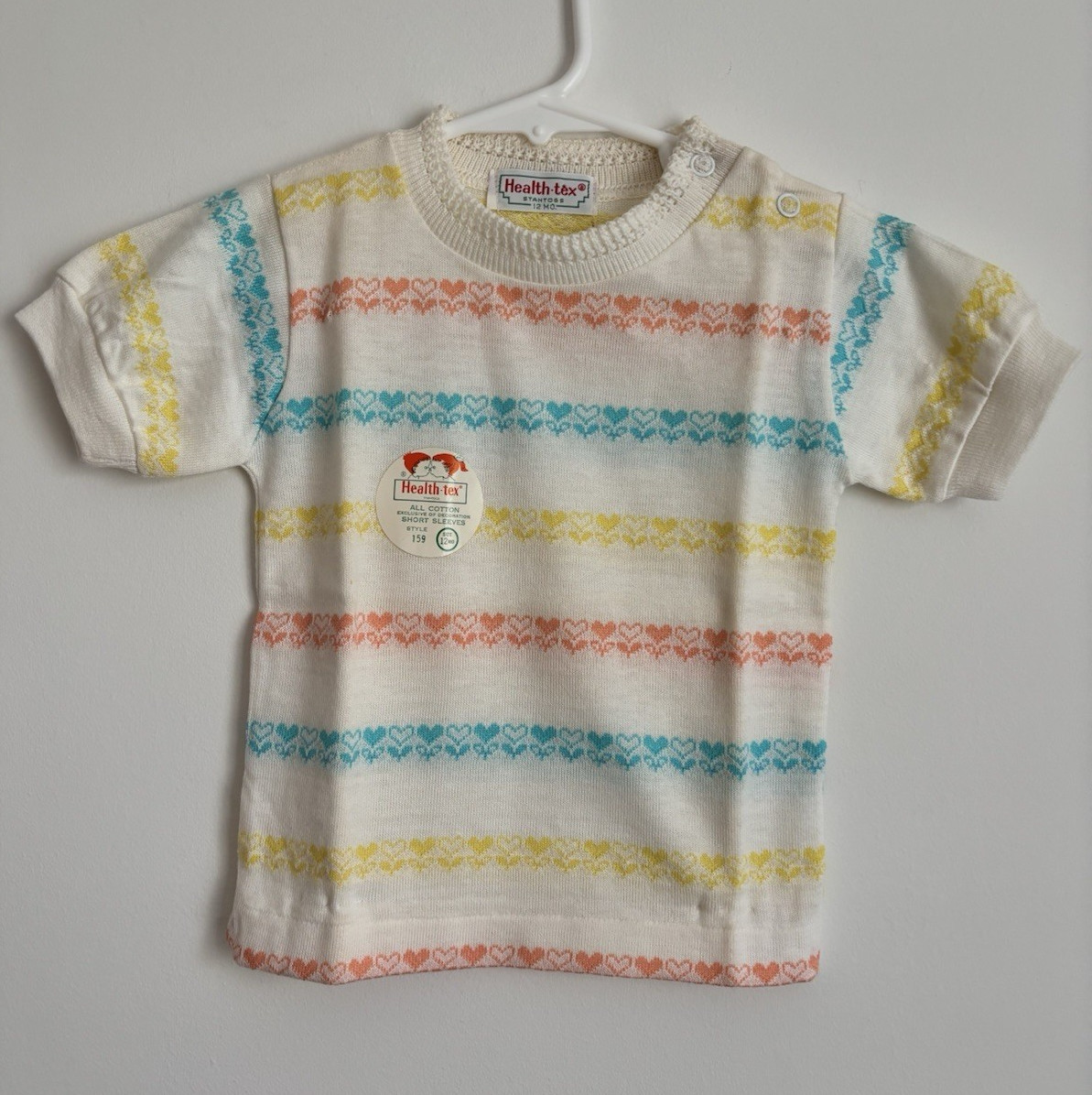 Vintage 70s Health-tex 100% Cotton Striped Hearts Short Sleeve Tee - Size 12m