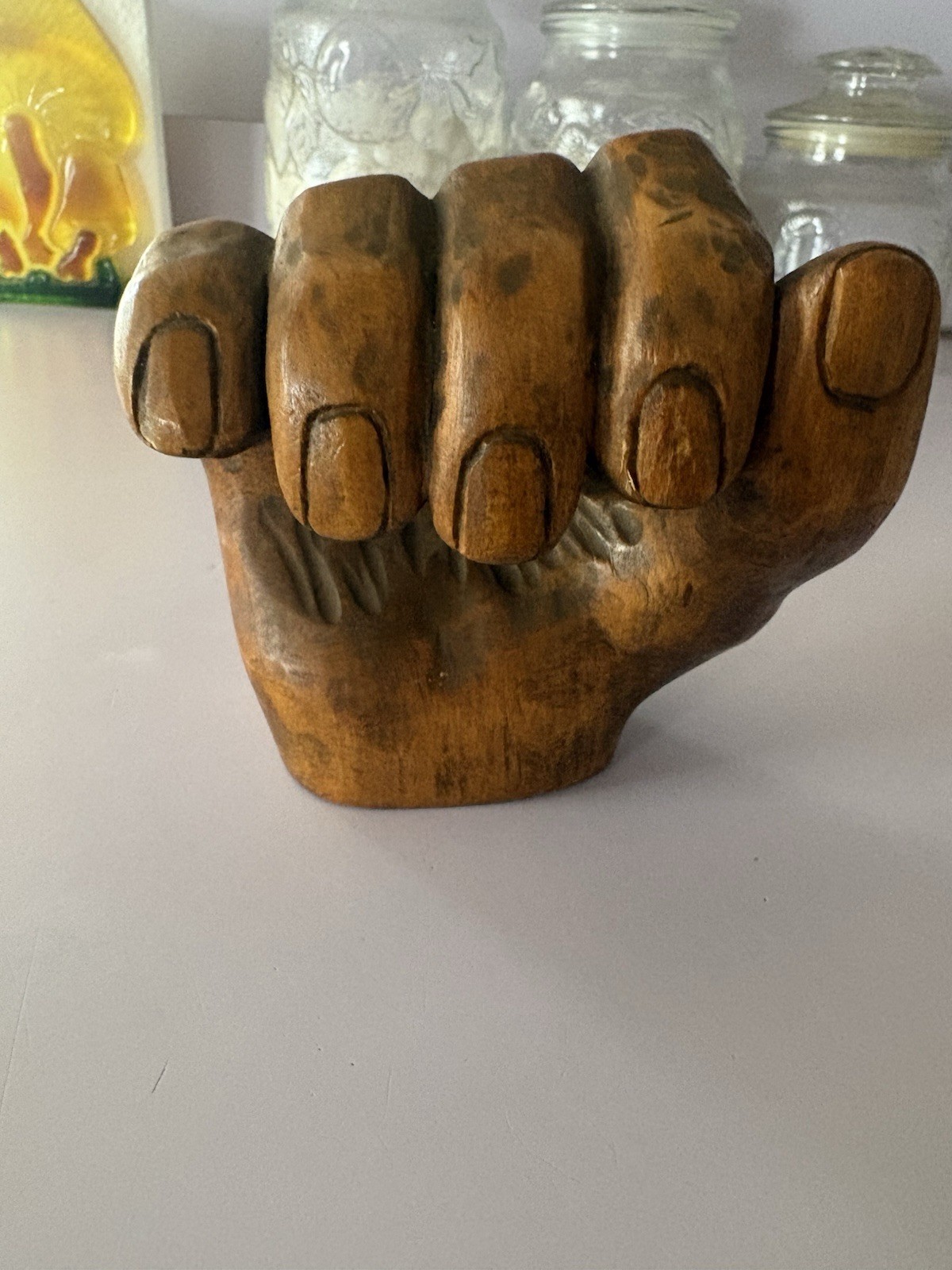 VTG - ANTQ. Carved Wooden Hand Fist Figurine Sculpture By Hermie Folk Art