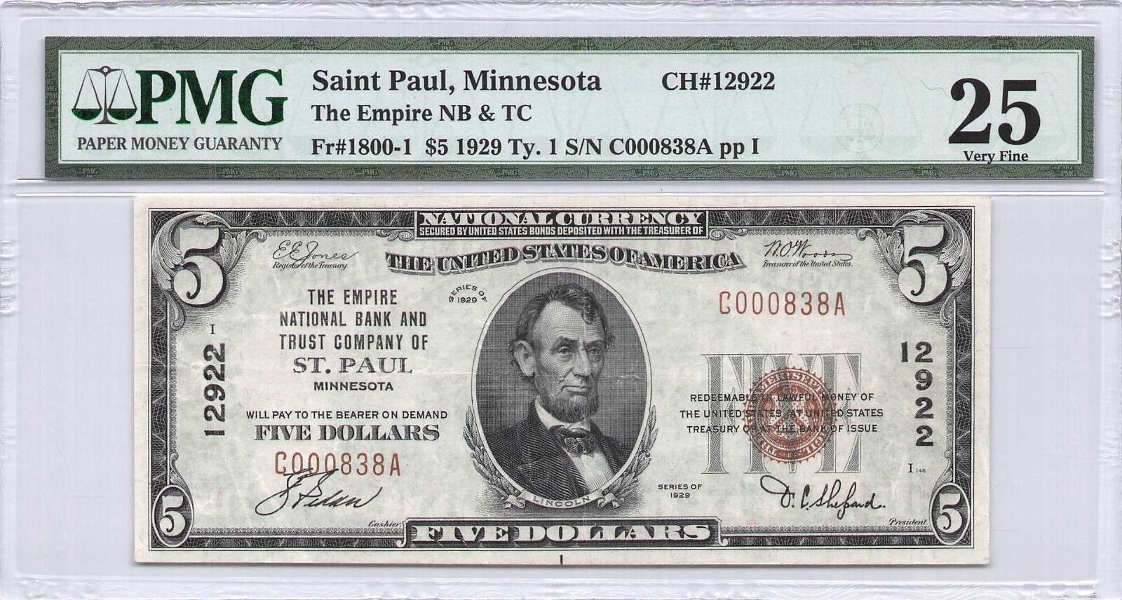 Empire NB & TC St. Paul, MN $5.00 1929 PMG 25 Charter 12922 Empire NB & TC St. Paul, MN $5.00 1929 PMG 25 Charter 12922
