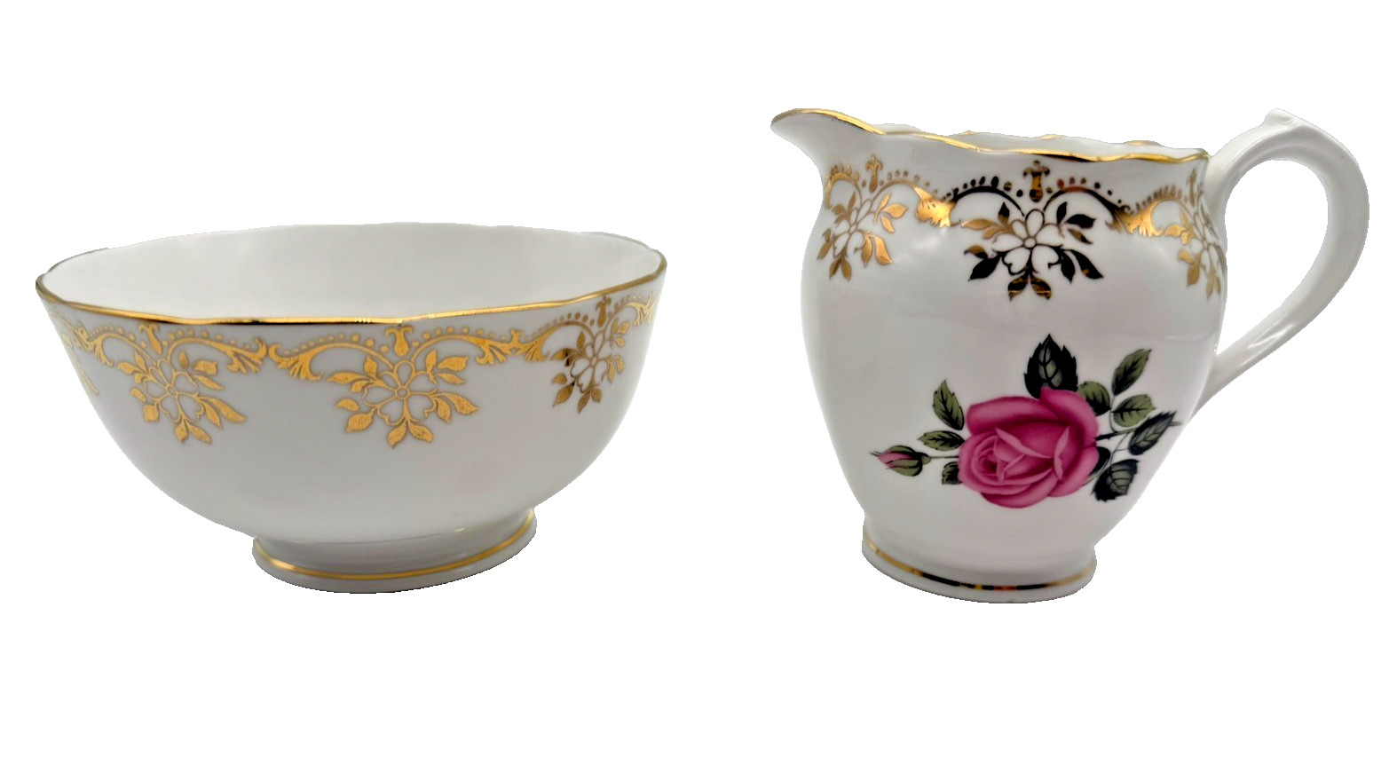 Roslyn China Pink Rose Creamer & Sugar Set  White with Gold Trim Made in England