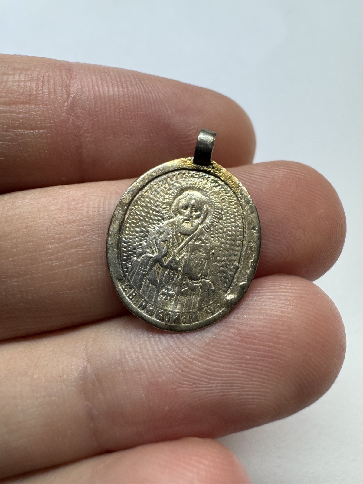 Antique Imperial Russian Silver 84 Pendant Icon St Nicholas & Calvary Cross