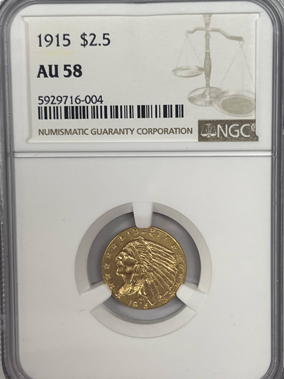 1915 $2.50 Indian Head Gold Quarter Eagle Coin NGC AU-58 1915 $2.50 Indian Head Gold Quarter Eagle Coin NGC AU-58