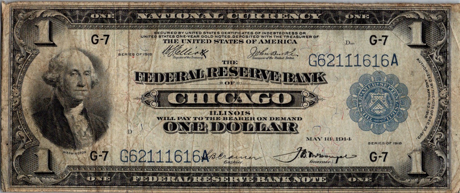 1918 $1 Federal Reserve Bank Note Chicago G-7 Large Note Series 1918