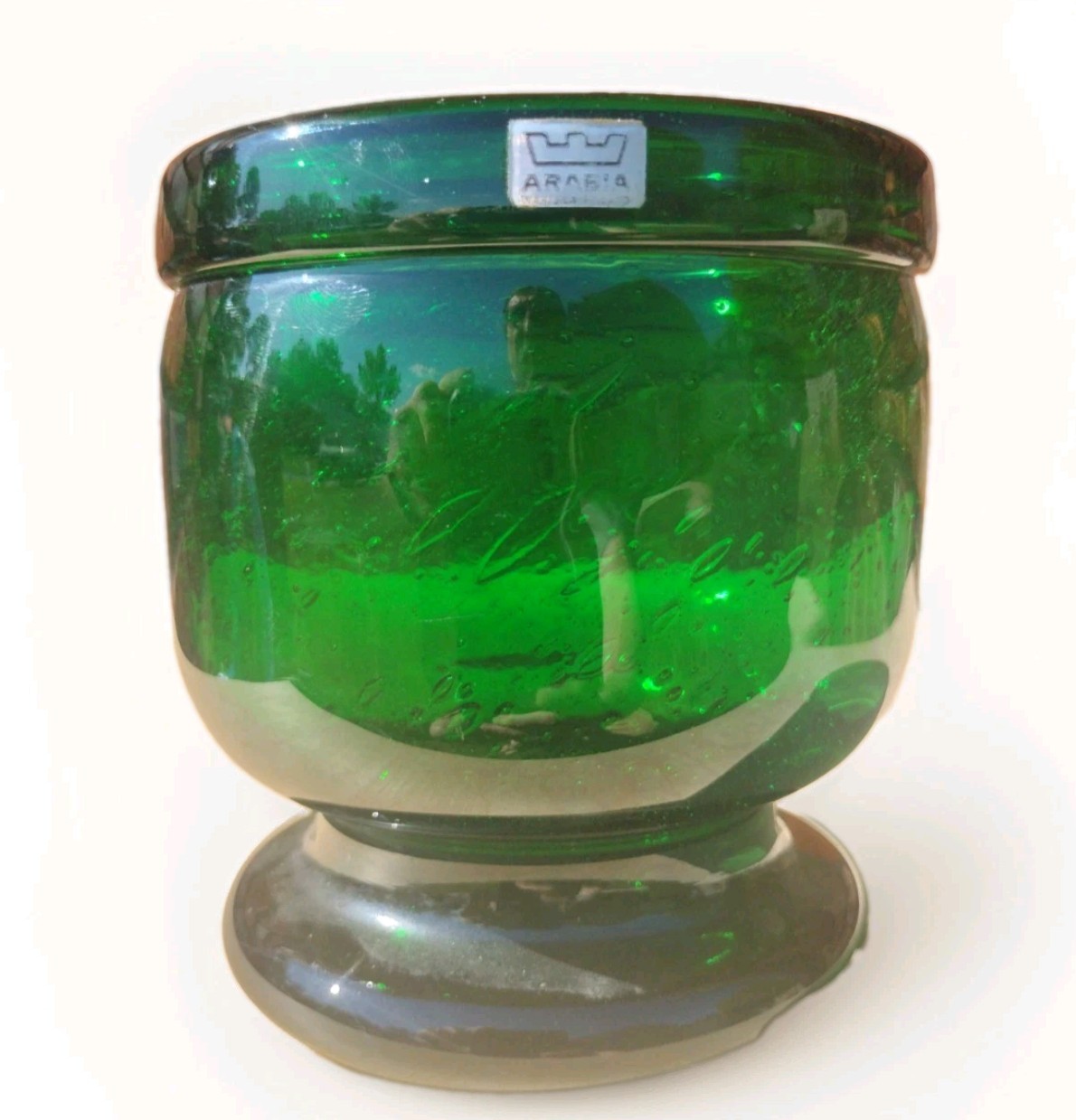 Vintage Nuutajarvi Notsjo Sargasso Green Glass Pedestal Bowl Kaj Franck Arabia