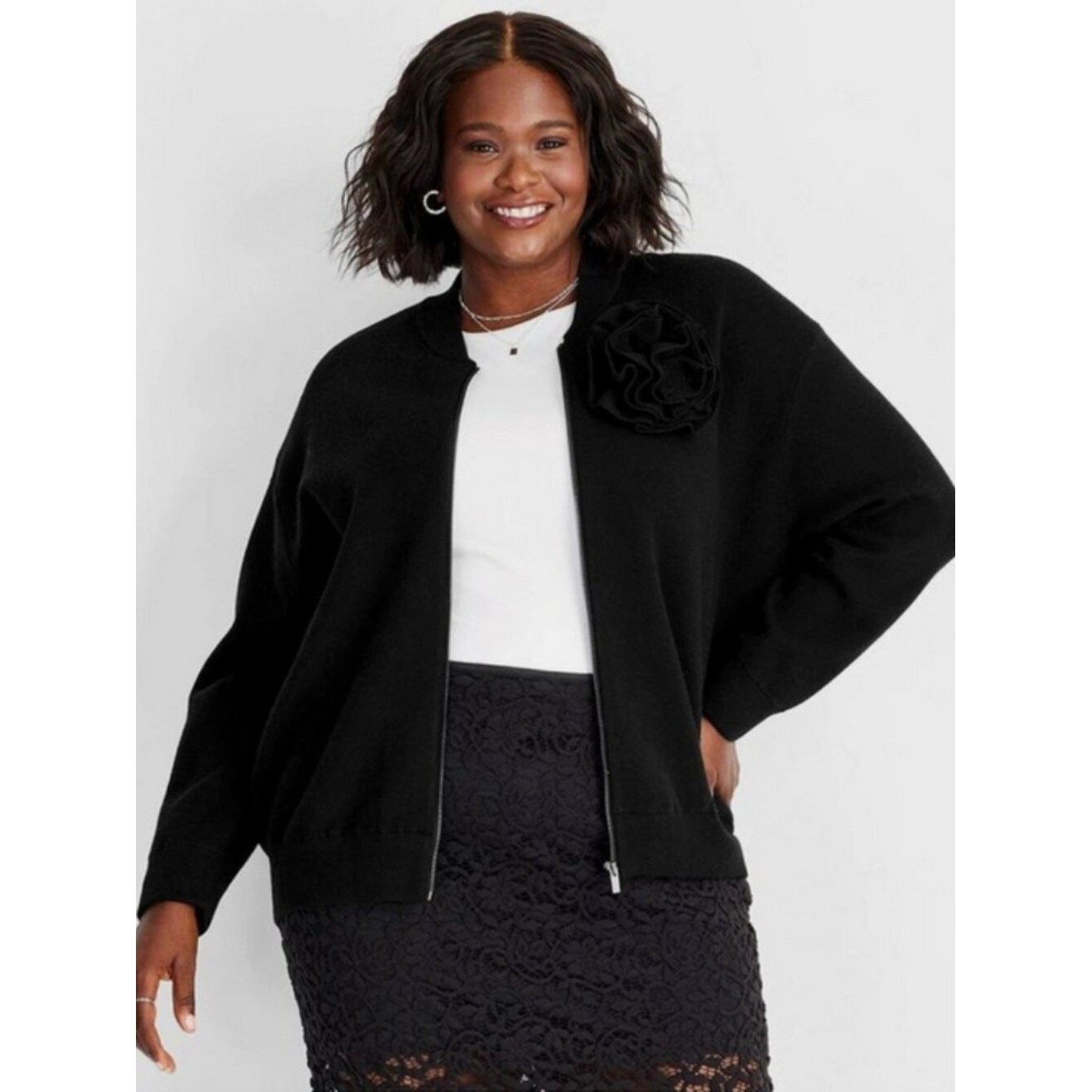 Future Collective Women Rosette Sweater Bomber Jacket Black Jacquard Knit S NEW