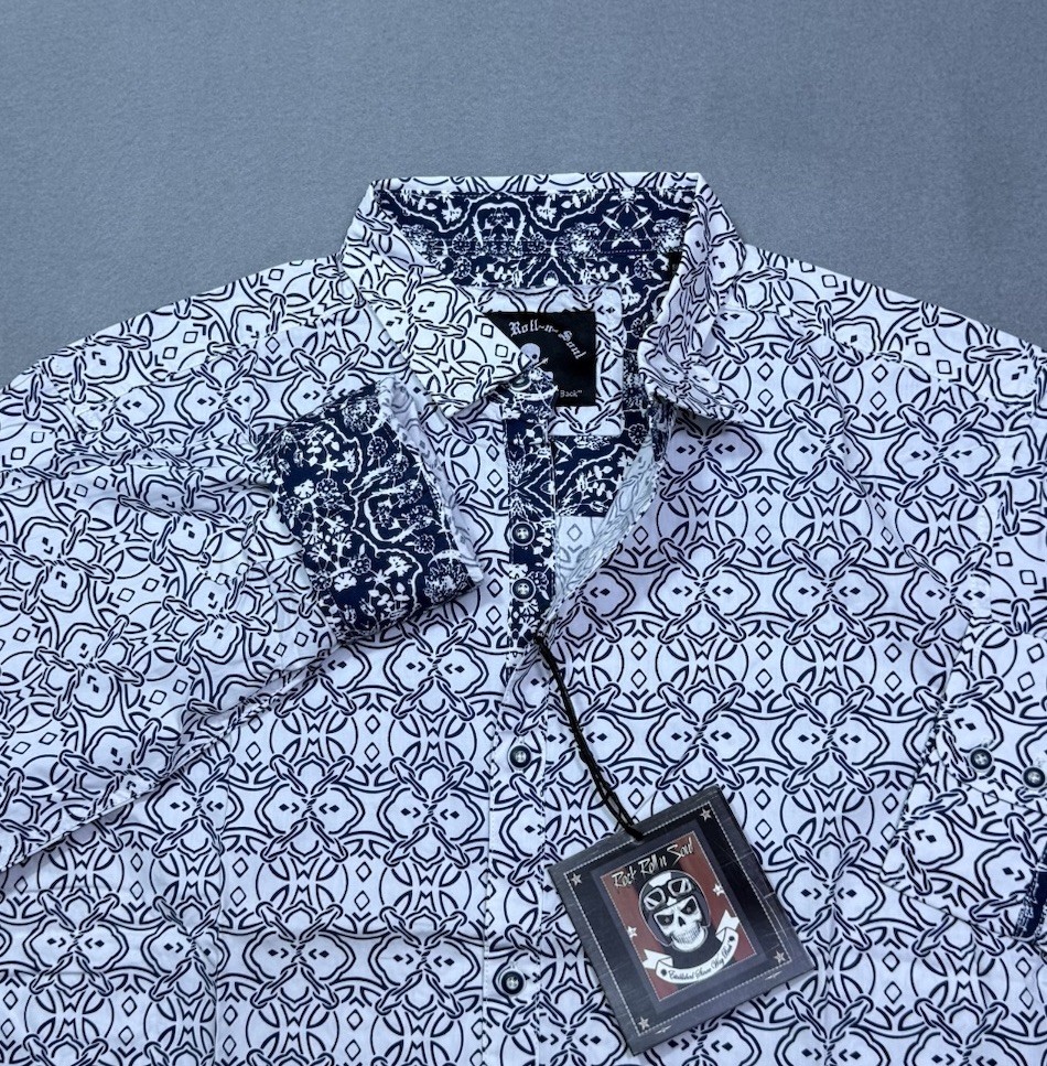Rock Roll N Soul Shirt Mens L White Black Geometric Loud Western Rodeo NEW Rock Roll N Soul Shirt Mens L White Black Geometric Loud Western Rodeo NEW