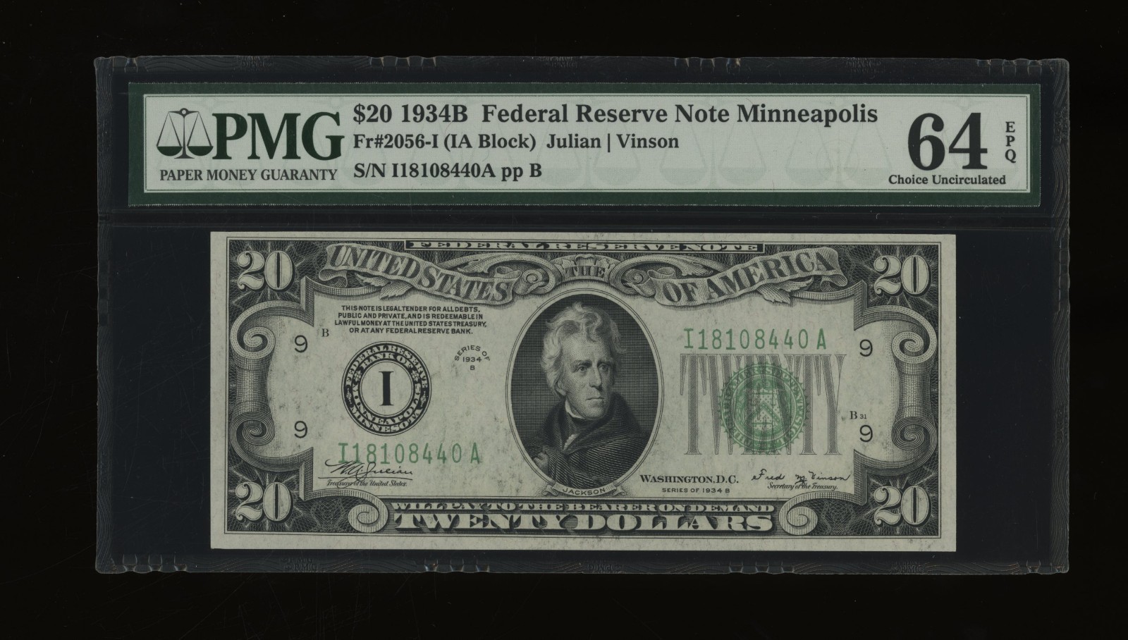 DBR 1934-B $20 FRN Minneapolis Vinson Fr. 2056-I PMG 64 EPQ Serial I18108440A