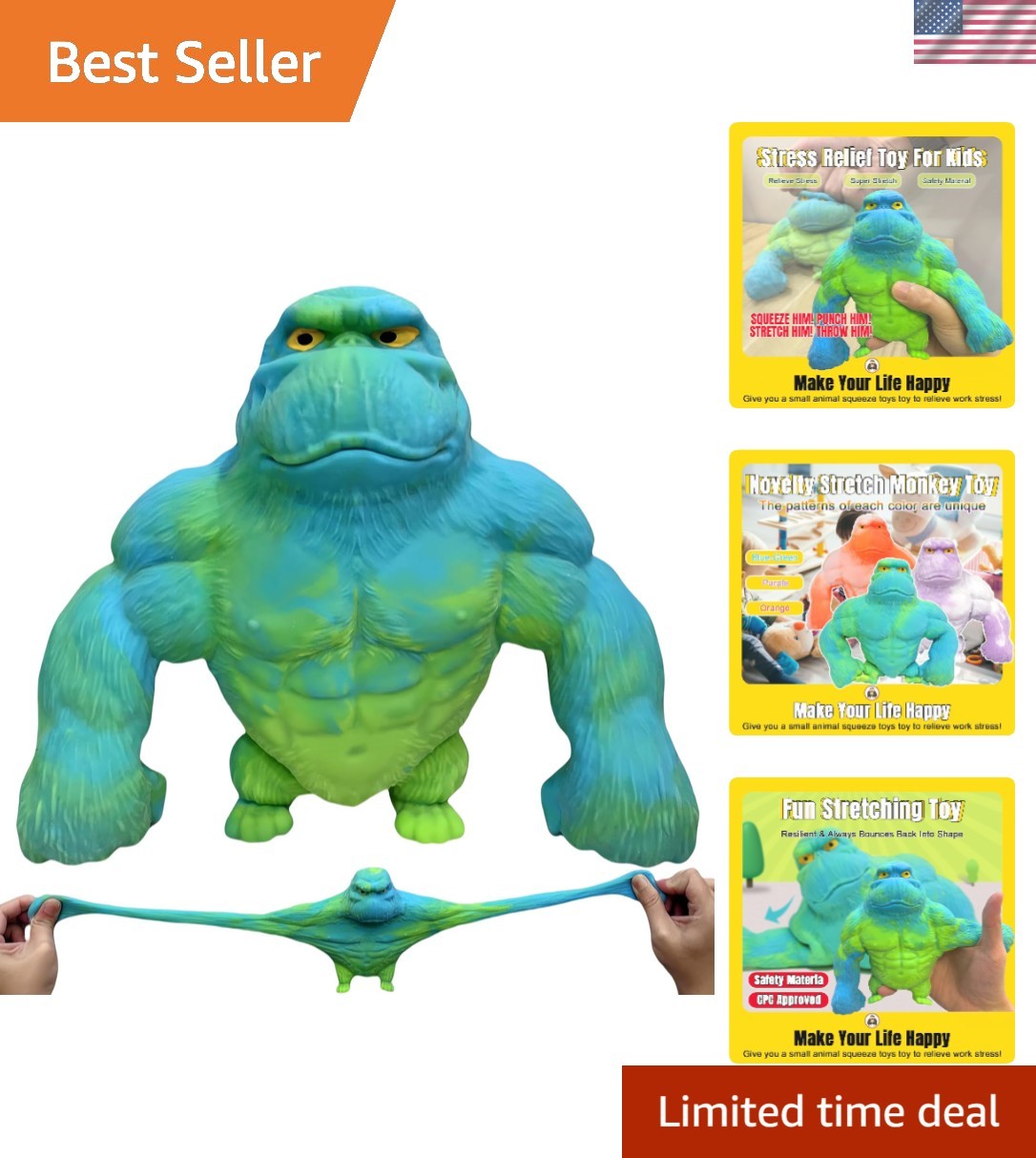 Super Stretchy Gorilla Fidget Toy - Blue-Green, Squishy Stress Relief Monkey, Fu Super Stretchy Gorilla Fidget Toy - Blue-Green, Squishy Stress Relief Monkey, Fu