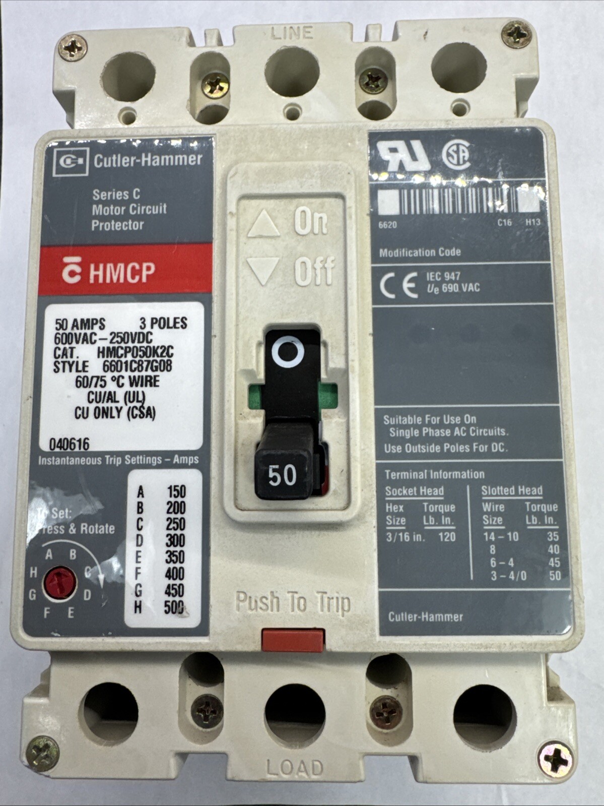 Eaton Cutler Hammer HMCP050K2C 50 Amp 600 Volt 3 Pole Motor Circuit Breaker 50A