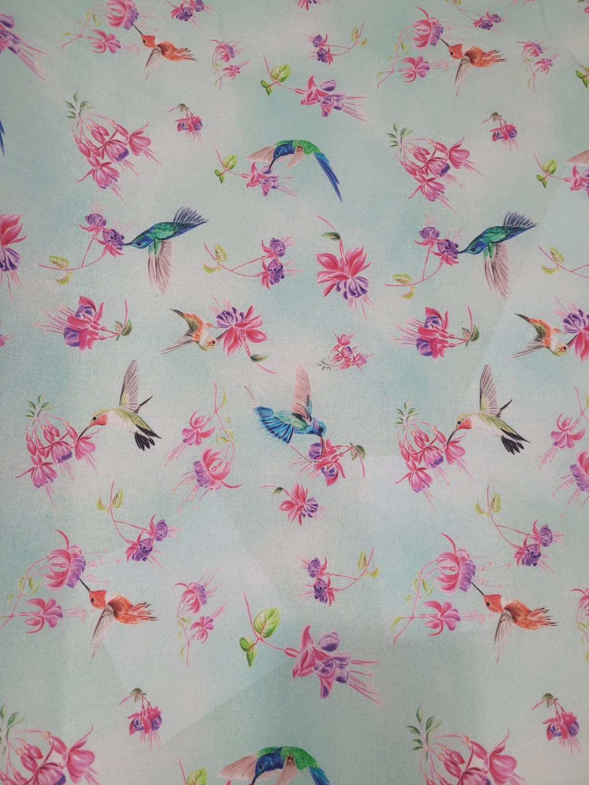 1 Yard 100% Cotton Fabric Benartex Hummingbird Fuchsia Floral Aqua Pink