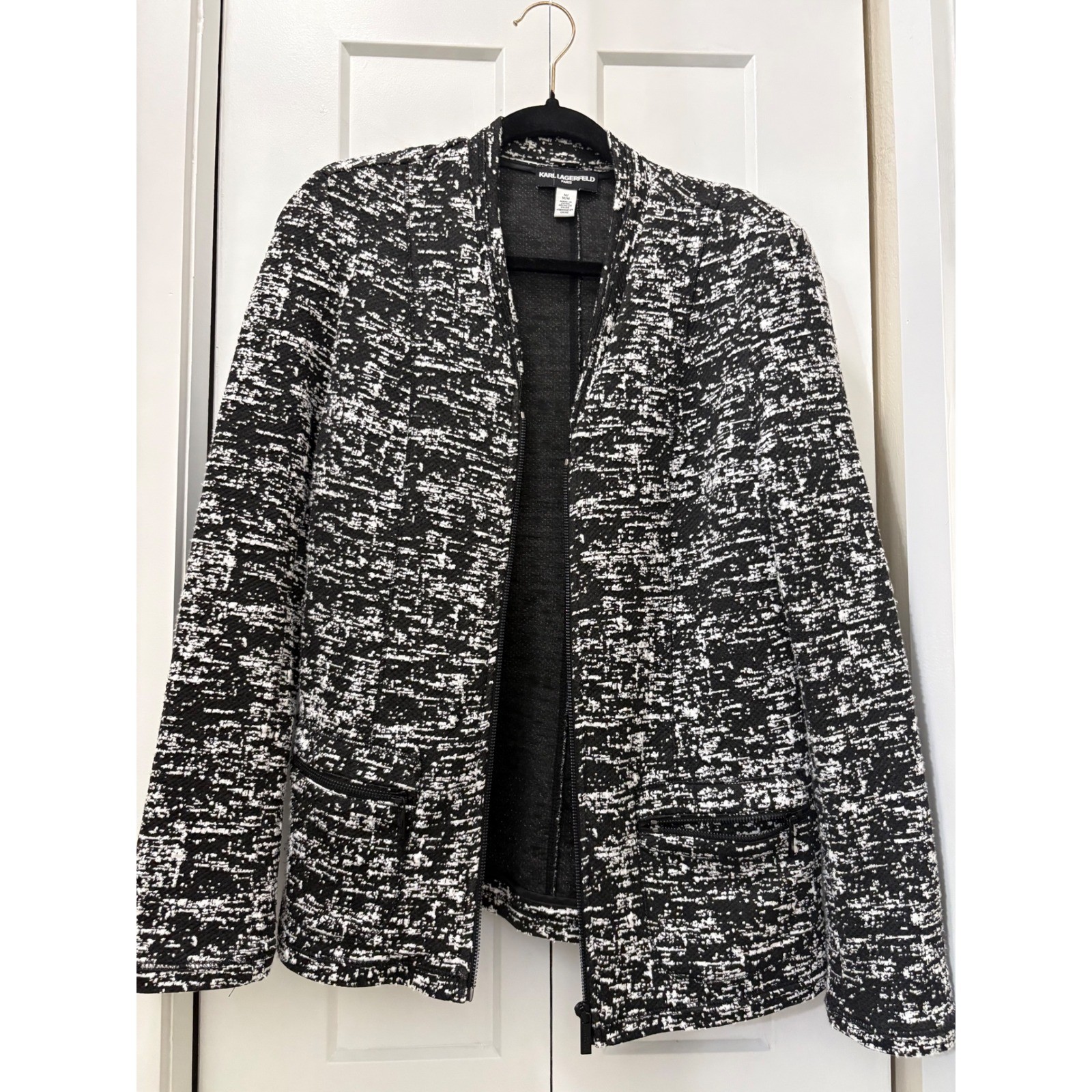 Karl Lagerfeld Paris Womens Black White Textured Knit Zip Front Jacket M Karl Lagerfeld Paris Womens Black White Textured Knit Zip Front Jacket M
