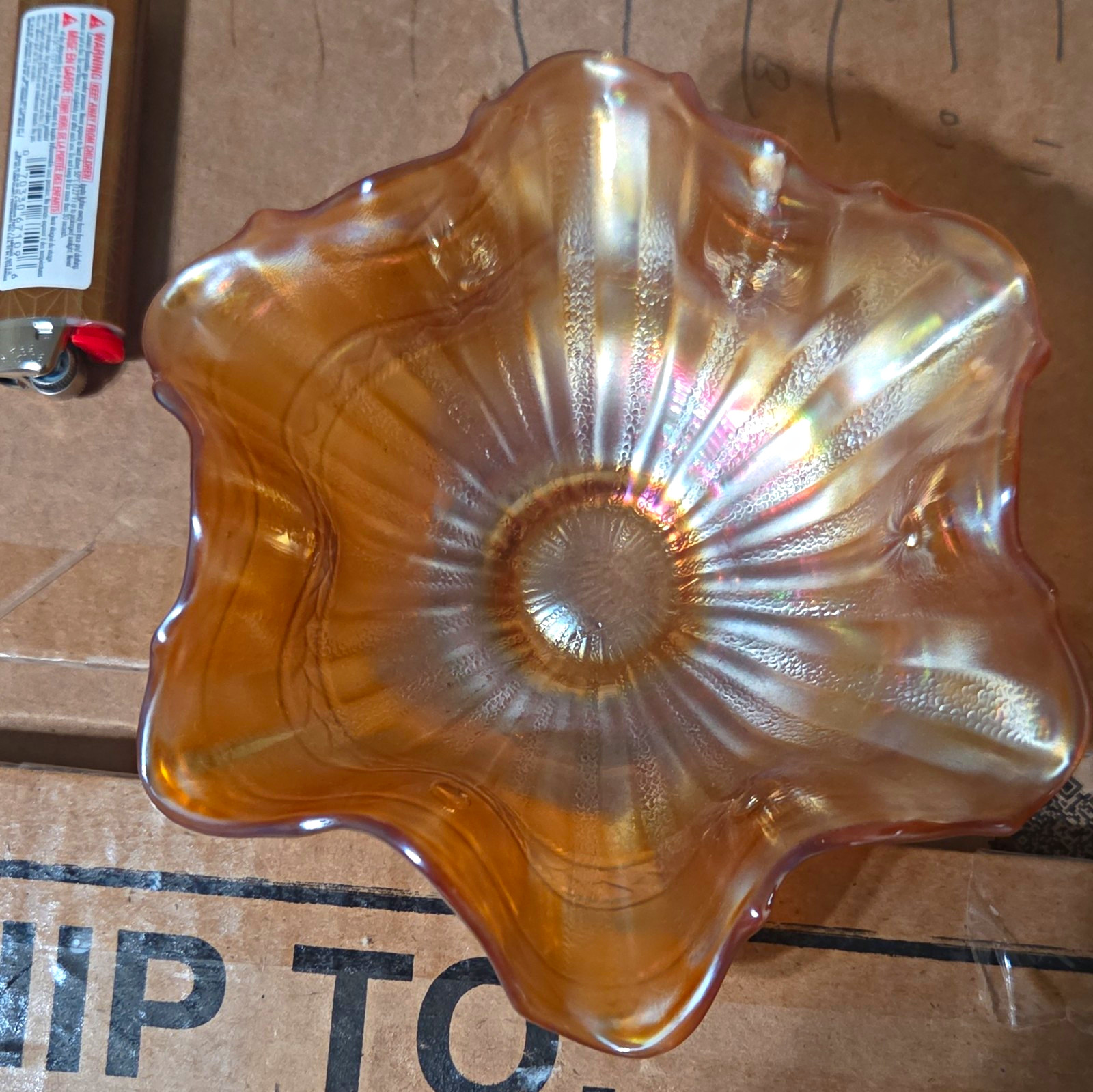 Amber Iridescent Carnival Glass Sunburst Pattern Ruffled Round Bowl