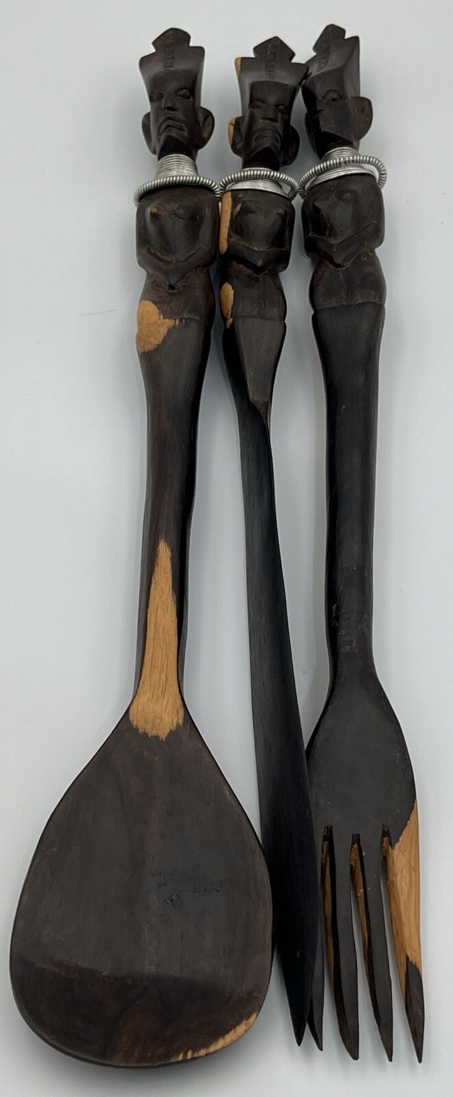 Vintage Hand Carved Wood Serving Utensils African Tribal Set of 3 Home Decor