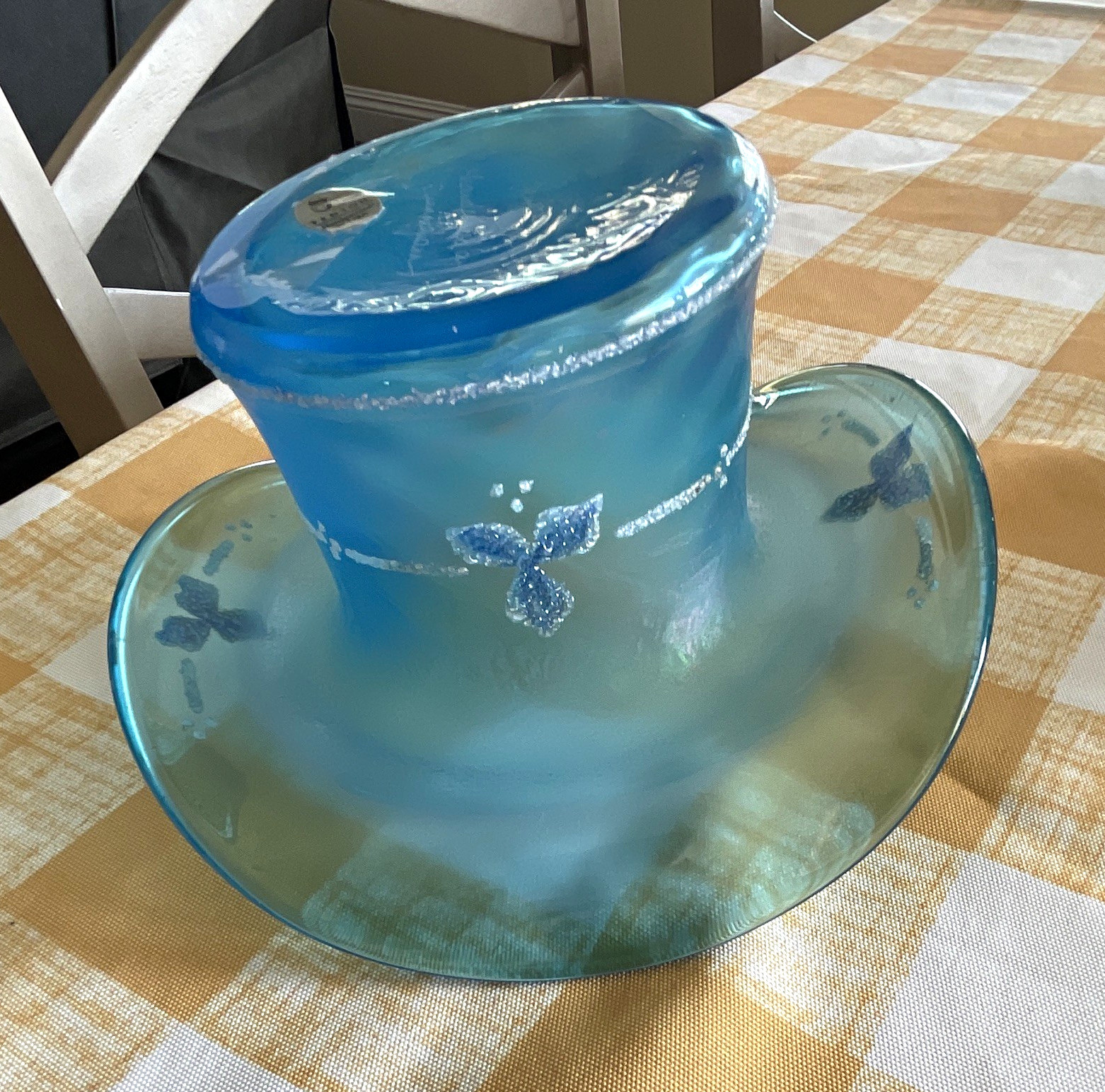 Fenton Art Glass Celeste Blue stretch glass top hat vase Vintage 1995