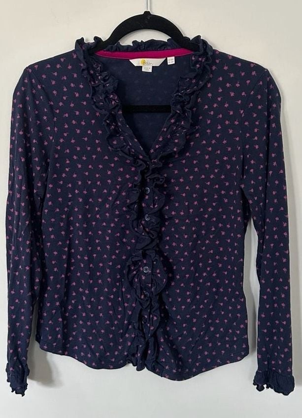 Boden Navy Pink Floral Ruffle Long Sleeve Button Front Blouse Size US 6P Boden Navy Pink Floral Ruffle Long Sleeve Button Front Blouse Size US 6P