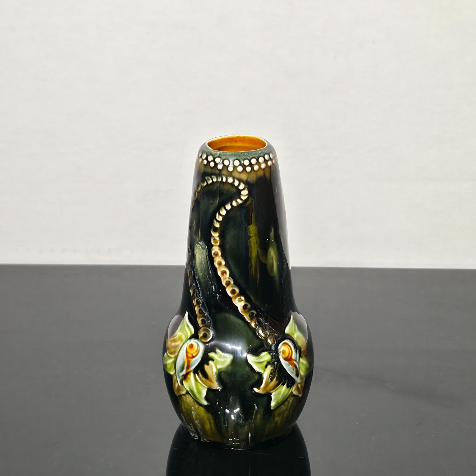 Antique Art Nouveau Majolica Vase Barbotine Floral Green European c1900 No. 07