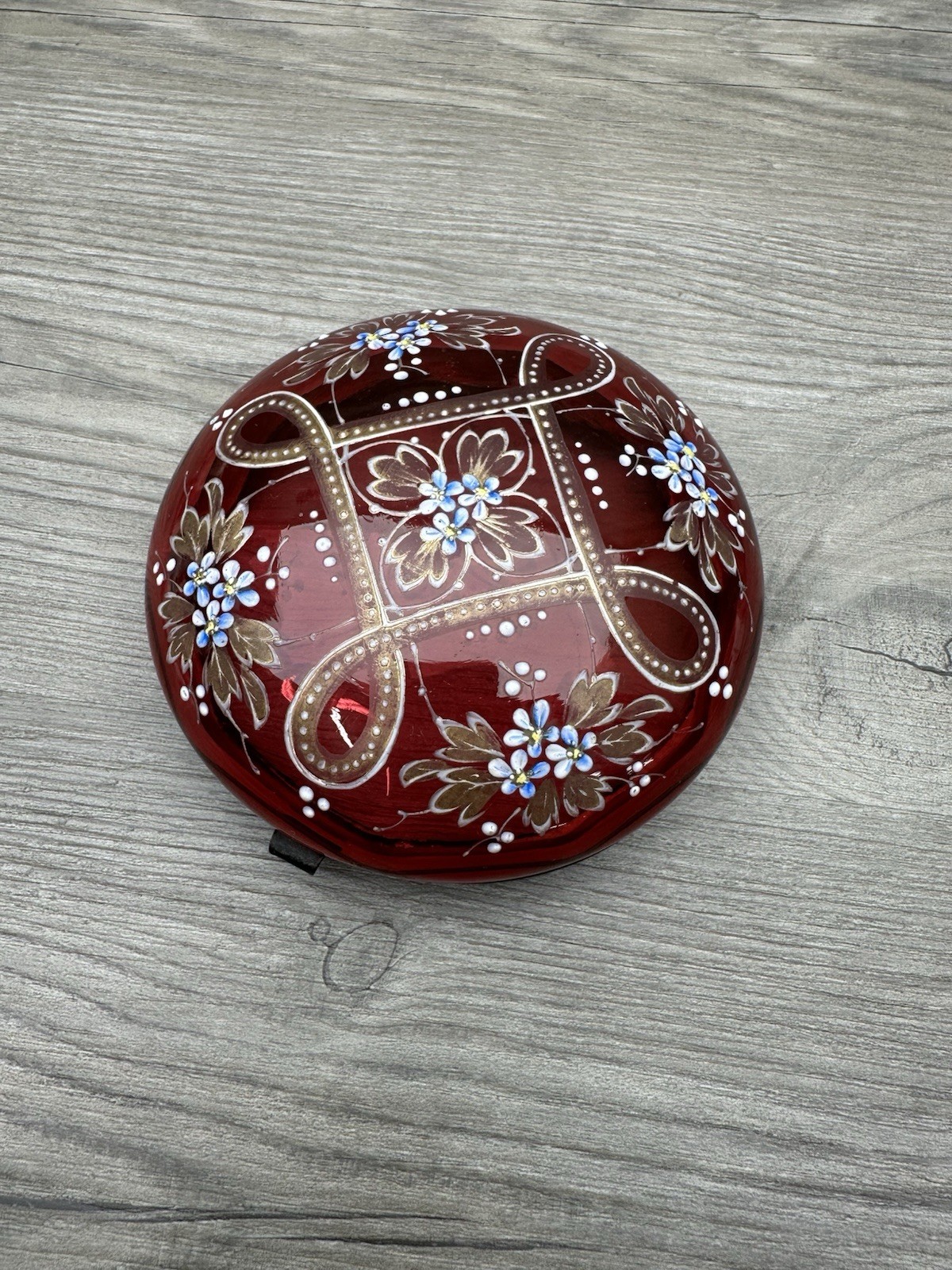Antique Bohemian Cranberry Glass Trinket Box Lid Hand Painted Enamel Floral Antique Bohemian Cranberry Glass Trinket Box Lid Hand Painted Enamel Floral
